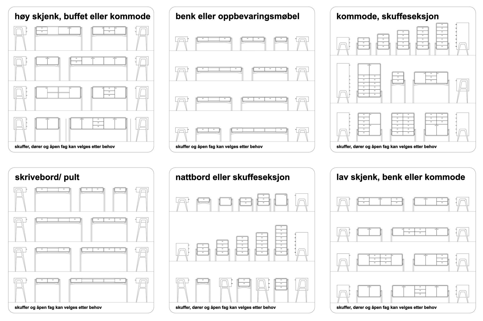 Minimalist chart of more than 100 furniture configurations shown as delicate line sketches, highlighting the endless possibilities of our custom-made pieces. nordlys møbler: HANDMADE - SCANDINAVIAN - FURNITURE from Norwegian oak