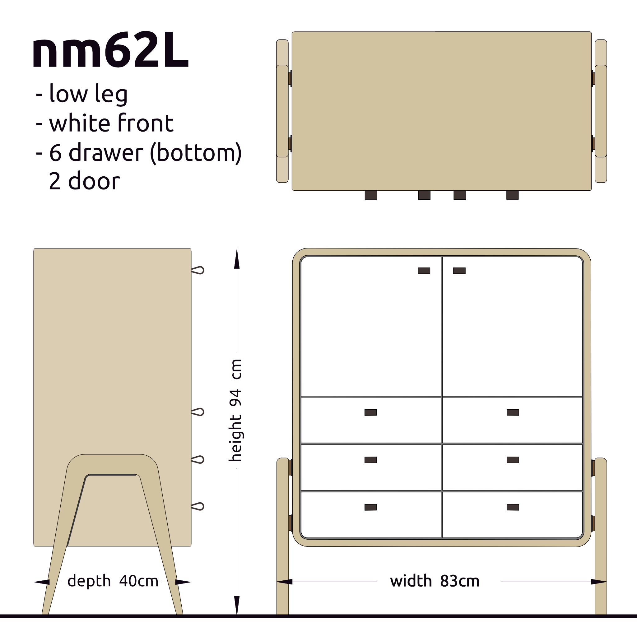 nm62L oak cabinet with white doors and drawers, architectural product drawing. nordlys møbler: HANDMADE - SCANDINAVIAN - FURNITURE from Norwegian oak
