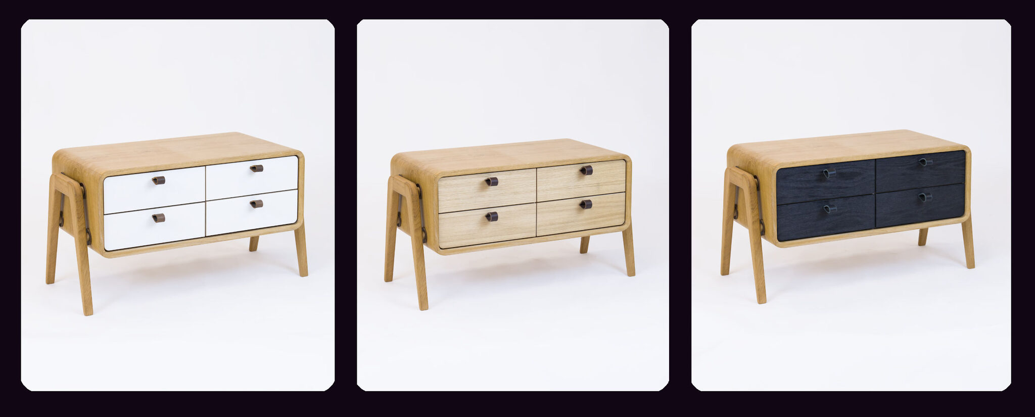 3 variants of the small nm22L sideboard with white, natural, and black stained oak fronts. nordlys møbler: HANDMADE - SCANDINAVIAN - FURNITURE from Norwegian oak.